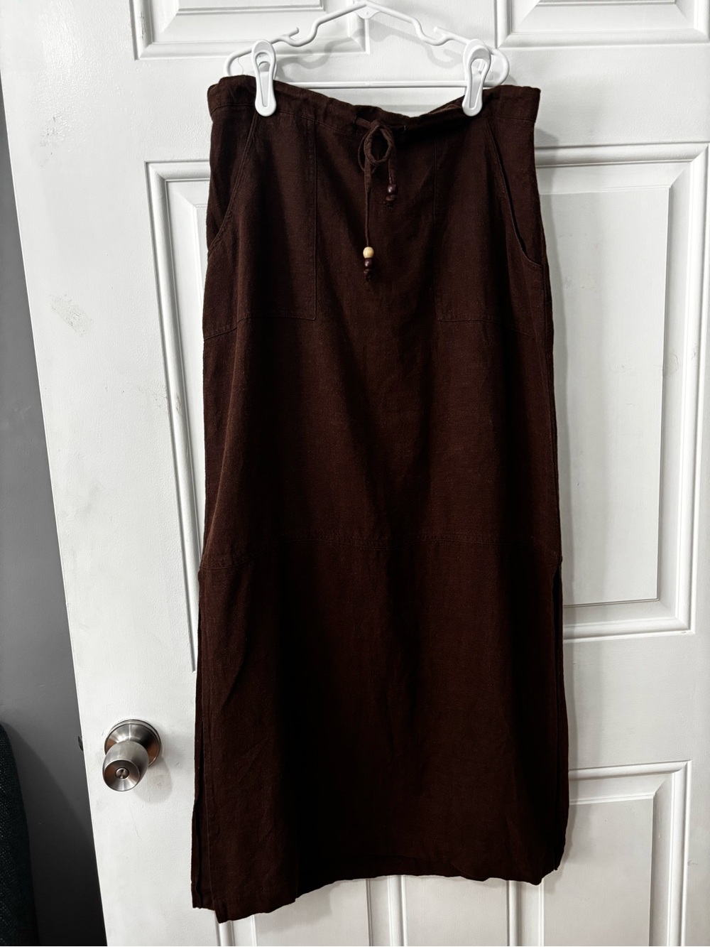 Vintage y2k linen blend maxi skirt pockets drawstring chocolate brown 8 medium